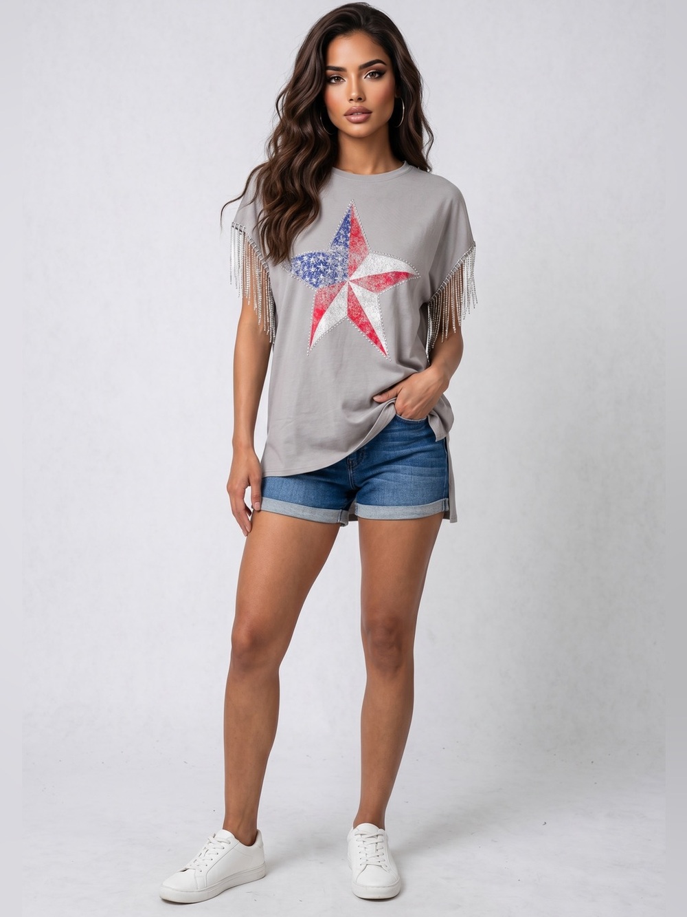 🌟B641. Stylish Chic Star Sequin Fringe Short Sleeve Top